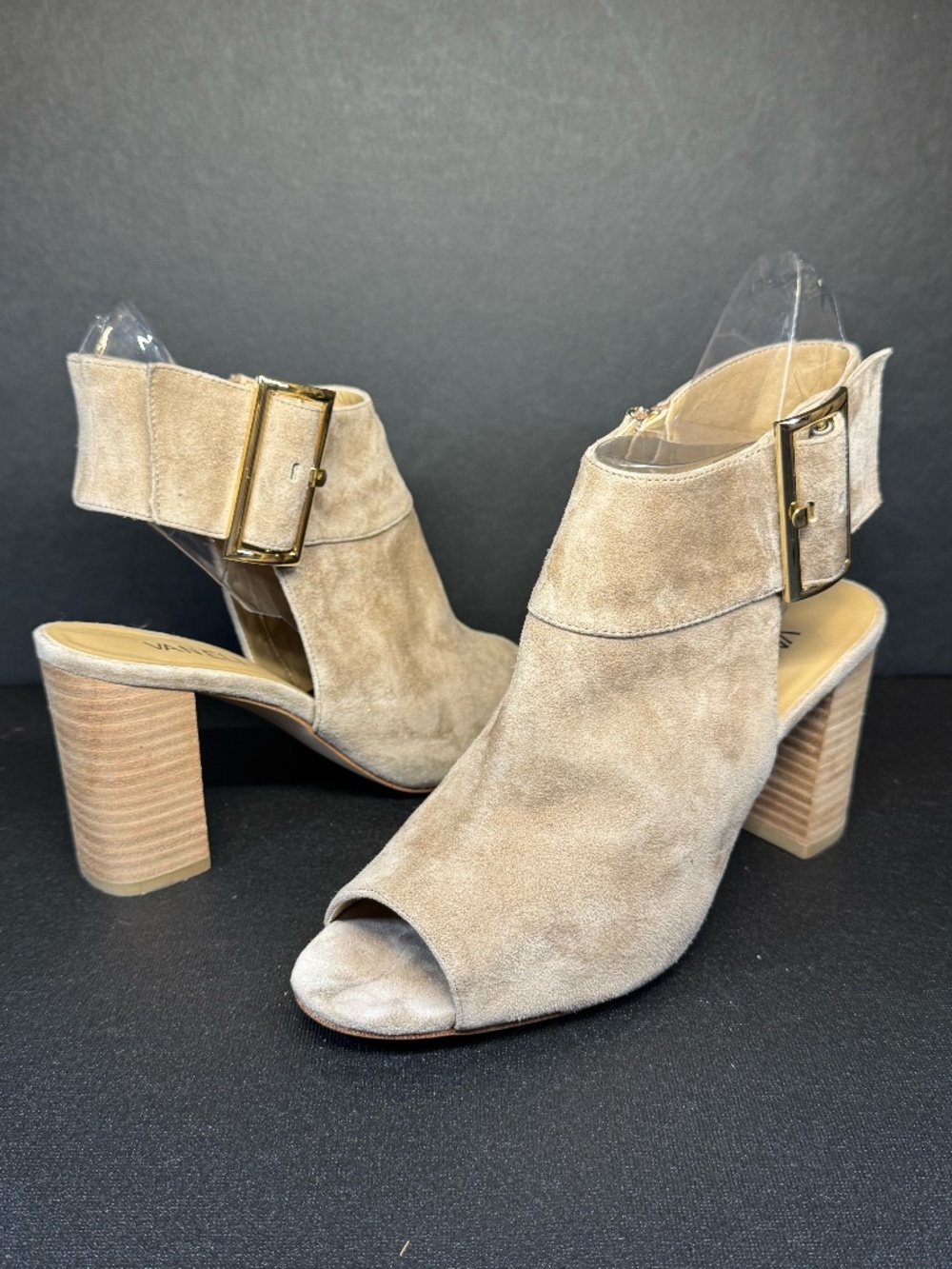 Vaneli Tan Suede Peep Toe Slingback Booties Block Heel Leather Size 8M